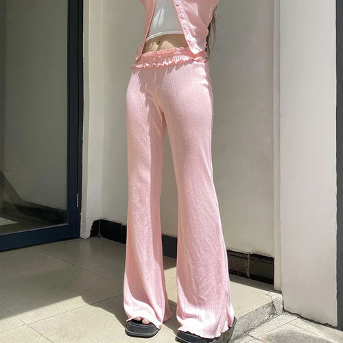 Load image into Gallery viewer, Korean Fashion Pink Ruched Knitted Flared Pants Harajuku Sweet Homewear Slim Trousers Cute Coquette Bow Elastic Waist
