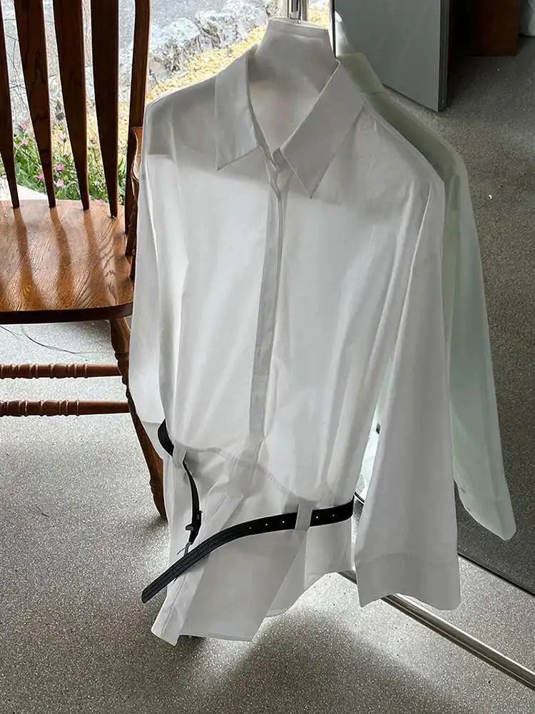 Women White Hem Pleated Elegant Big Size Mini Shirt Dress New Lapel Long Sleeve Fashion Tide Spring Autumn 2025 1DH9552