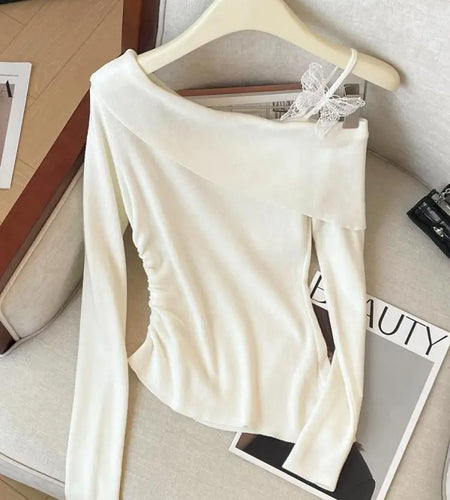 Spring Elegant Blue Pink Long Sleeve Versatile Slim Pullover Tops Fashion Women's Off Shoulder Pleated Knit Sweater Simplicity
