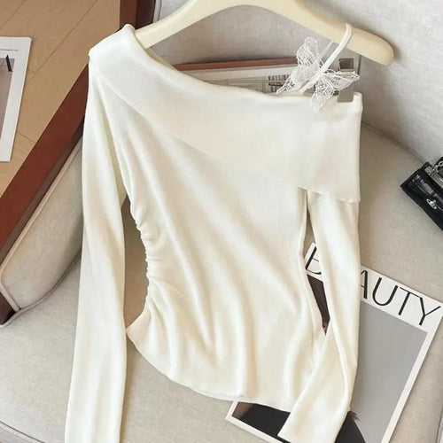 Load image into Gallery viewer, Spring Elegant Blue Pink Long Sleeve Versatile Slim Pullover Tops Fashion Women's Off Shoulder Pleated Knit Sweater Simplicity
