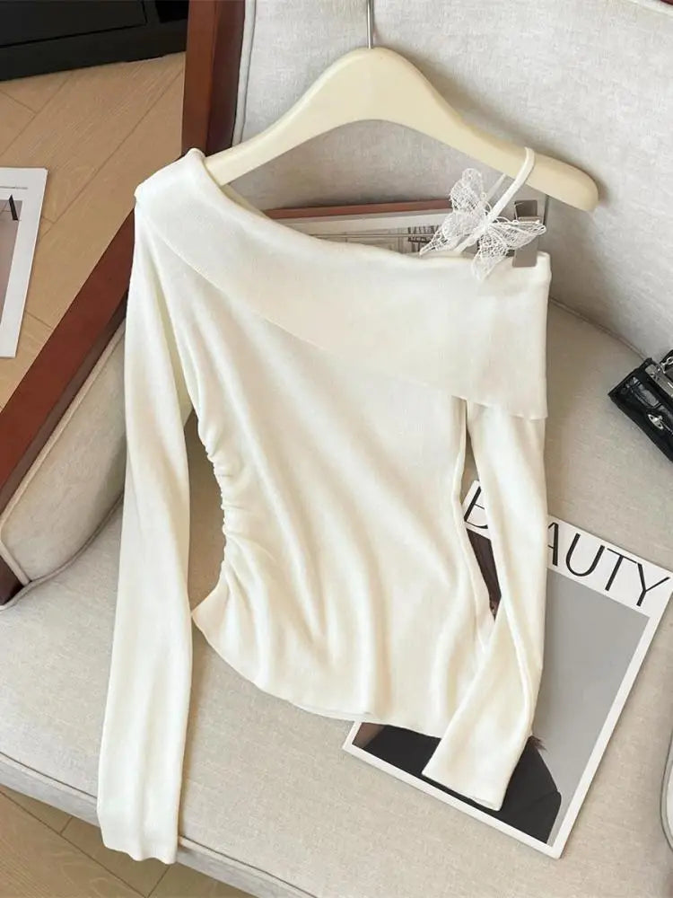 Spring Elegant Blue Pink Long Sleeve Versatile Slim Pullover Tops Fashion Women's Off Shoulder Pleated Knit Sweater Simplicity