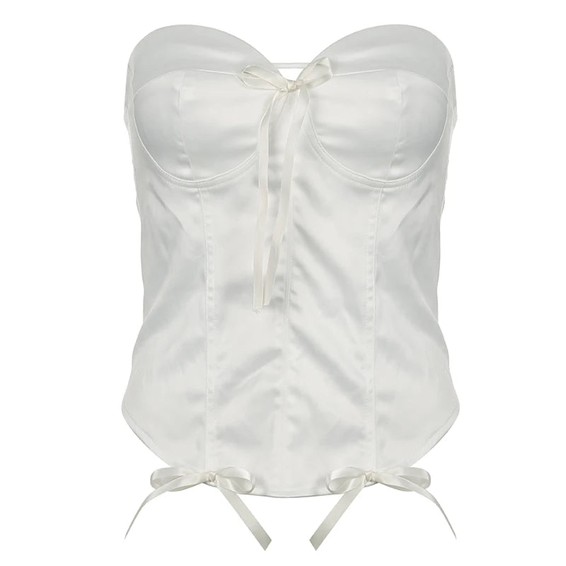 Fashion Strapless White Tube Top Corset Bow Lace-Up Clubwear Party Summer Sexy Top Women Bandeau Off Shoulder Elegant