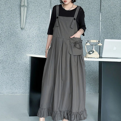 Load image into Gallery viewer, Women Black Ruffles Pocket Big Size Midi Strap Dress New Square Collar Sleeveless Fashion Tide Spring Autumn 2025 1DJ1158
