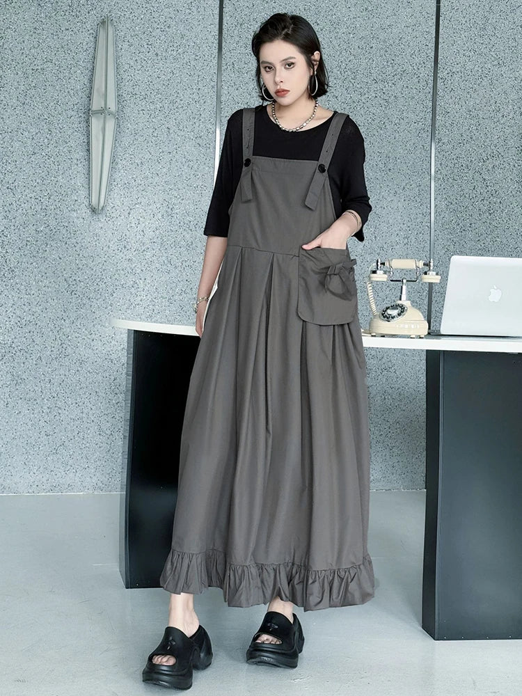 Women Black Ruffles Pocket Big Size Midi Strap Dress New Square Collar Sleeveless Fashion Tide Spring Autumn 2025 1DJ1158