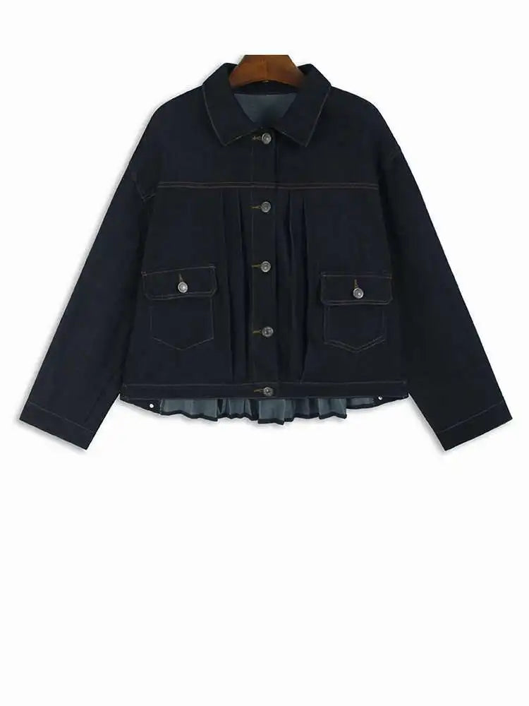 Black Denim Back Pleated Big Size Short Jacket New Lapel Long Sleeve Women Coat Fashion Tide Spring Autumn 2025 1DH7895
