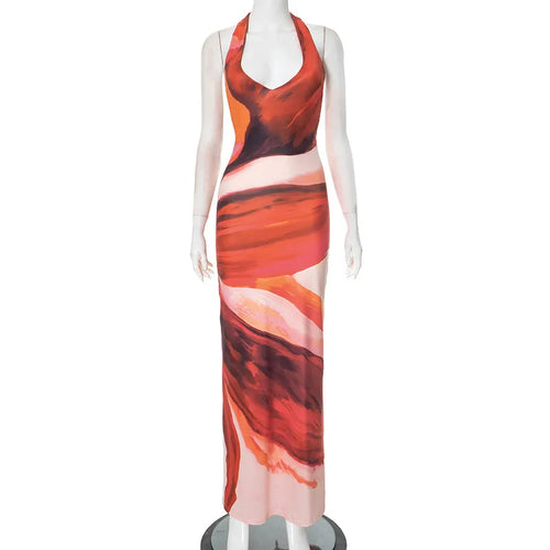 Load image into Gallery viewer, Halter Deep V Neck Print Sexy Maxi Dress For Women Fashion Lace-up Sleeveless Backless Bodycon Printed Long Dress
