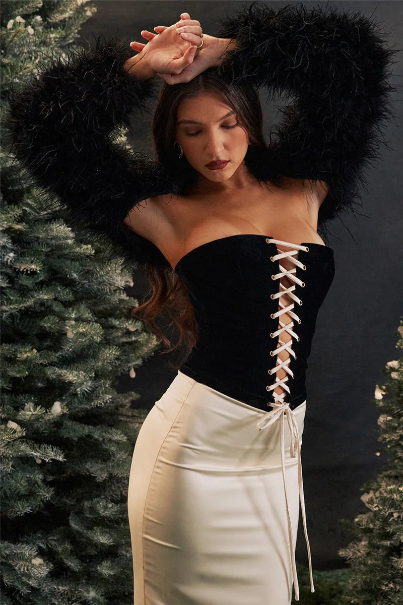 Elegant Sexy Skirt Two Piece Set Women Strapless Bandage Crop Top And Maxi Skirt Female Fashion Club Party Sexy Sets