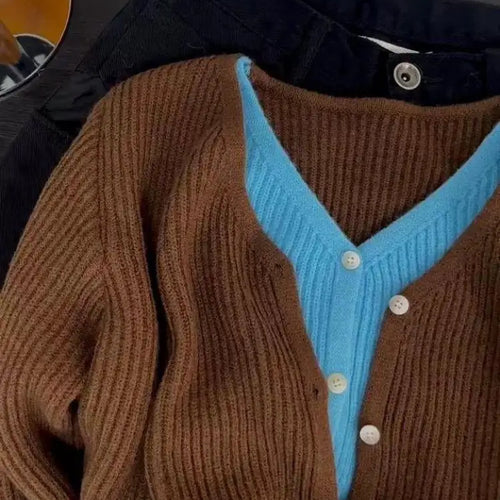 Load image into Gallery viewer, New 2024 Autumn Winter Women's Brown Blue Patchwork V Neck Cardigan Sweater Single Breasted Long Sleeve Fashion Versatile Tops
