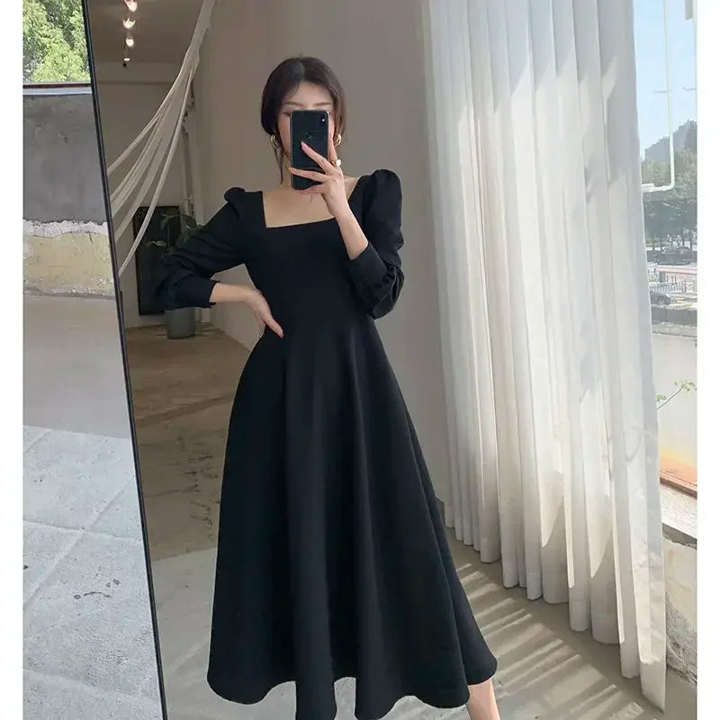 Vintage Black Long Sleeve Midi Dress Women French Square Collar Elegant Party Dresses Autumn 2021 Chic Trendy Kpop Clothes