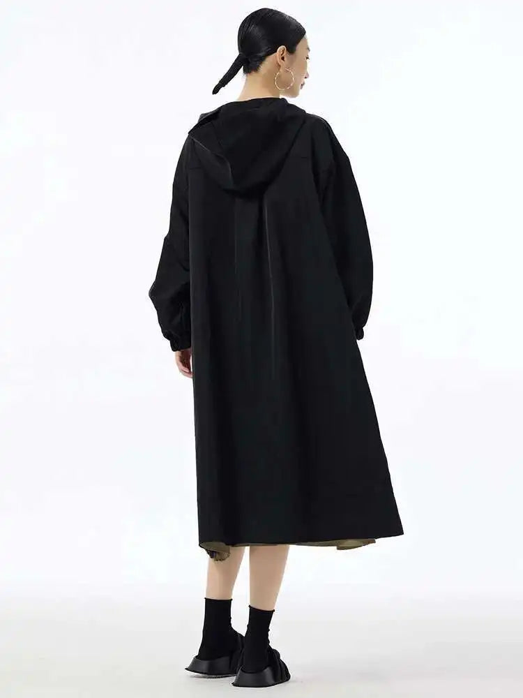 Women Green Pocket Zipper Big Size Long Trench New Hooded Long Sleeve Windbreaker Fashion Tide Spring Autumn 2025 1DH6713