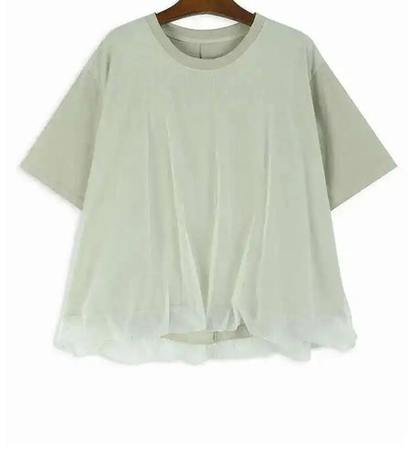 Women Apricot Double Layers Mesh Big Size Casual T-shirt New Round Neck Short Sleeve Fashion Spring Summer 2025 1DH6306