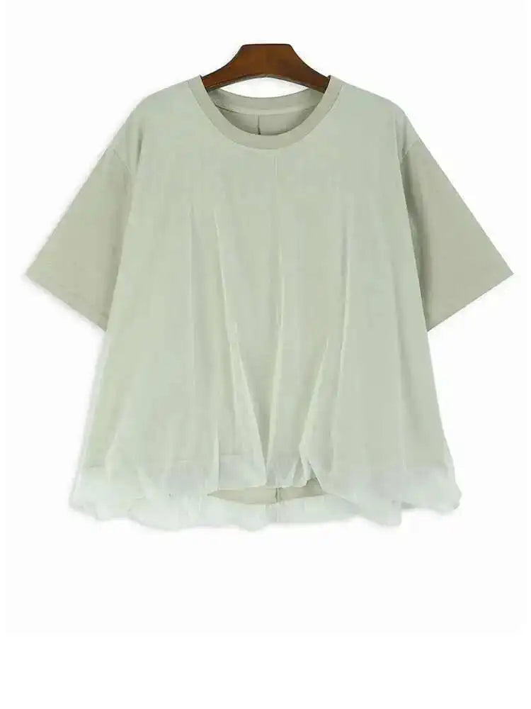 Women Apricot Double Layers Mesh Big Size Casual T-shirt New Round Neck Short Sleeve Fashion Spring Summer 2025 1DH6306