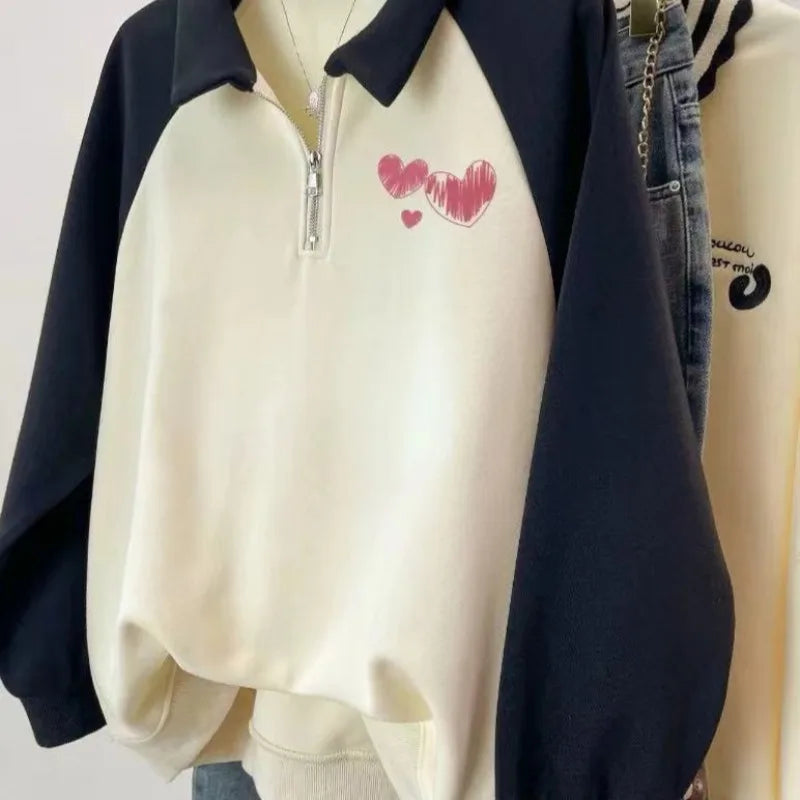 Korean Version 2024 Autumn Winter Beige Patchwork Heart-shaped Print Zipper Sweatshirt Women Long Sleeve Festival Pullover Tops