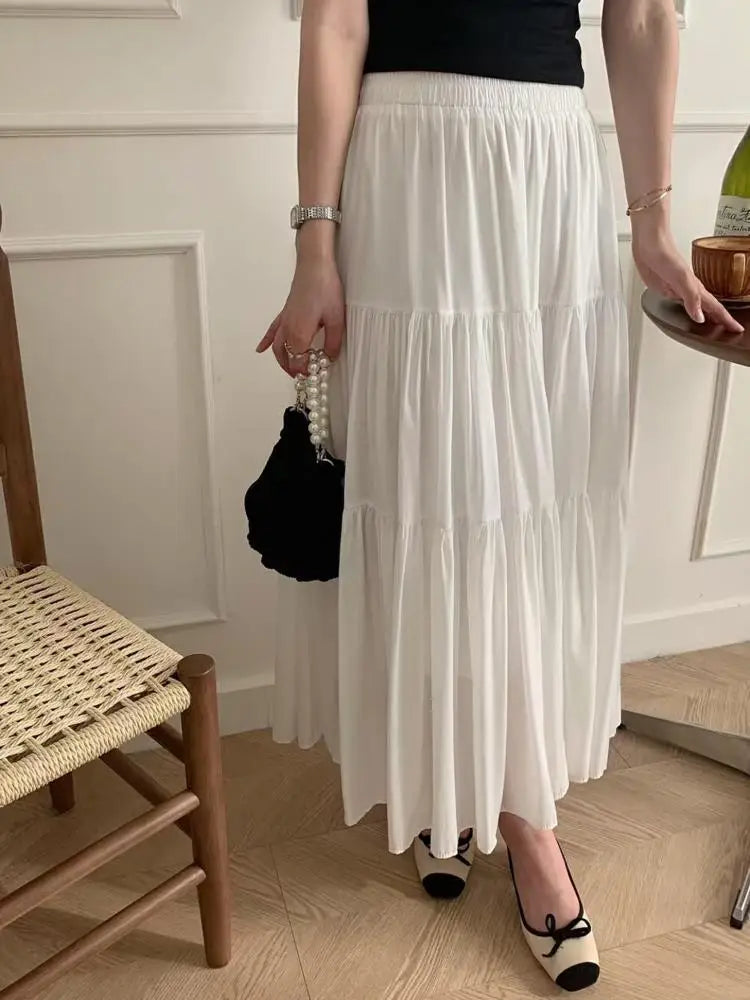 Spring Summer New Solid Elegant Slim Vacation Party Pleated Skirt Women's French Fashion Office Long Skirt Trend Ladies Clothing