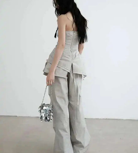 High Waist Gray Drawstring Ruffles Pleated Long Wide Leg Pants New Trousers Women Fashion Tide Spring Autumn 2025 1DH6257