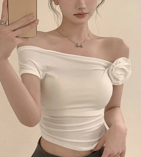 y2k Crop Top Women Sexy Clothes Solid Color Irregular Cap Sleeve T Shirt with 3D Flower 2000s Clothing Club Streetwear