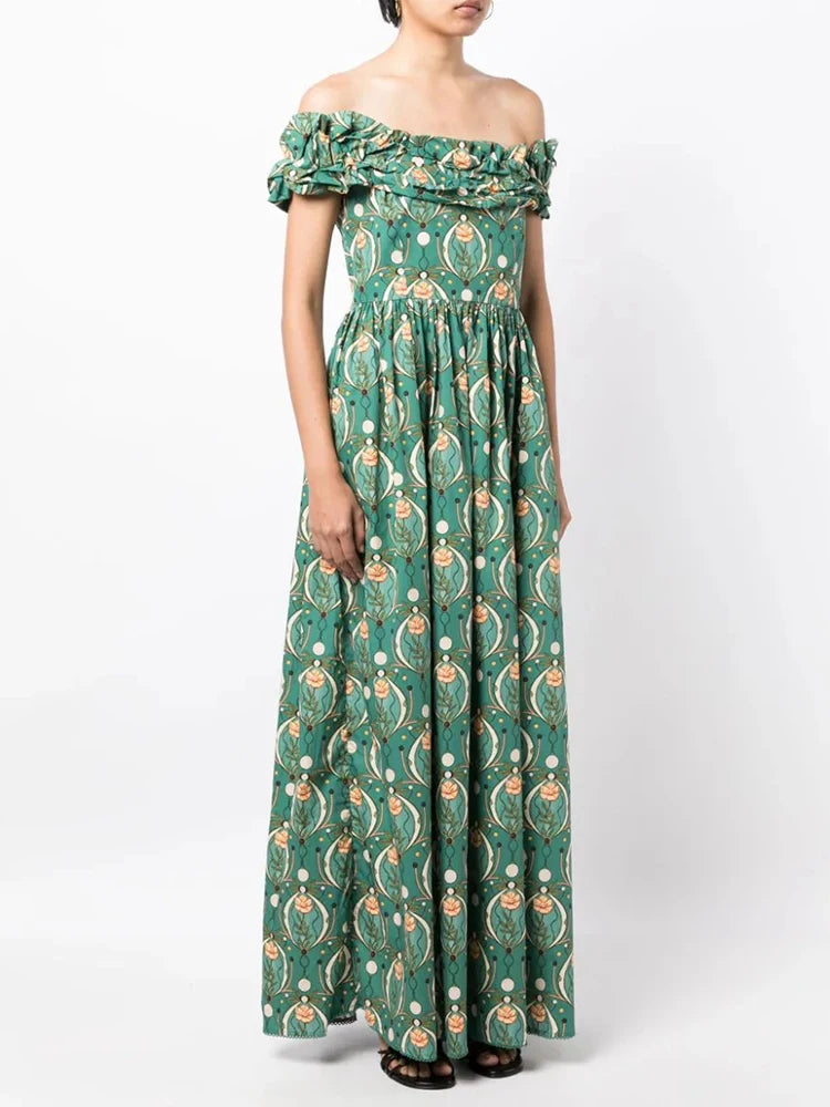 Elegant Floral Printing Dresses For Women Slash Neck Short Sleeve High Waist Folds Off Shoulder Casual A Line Dress Female