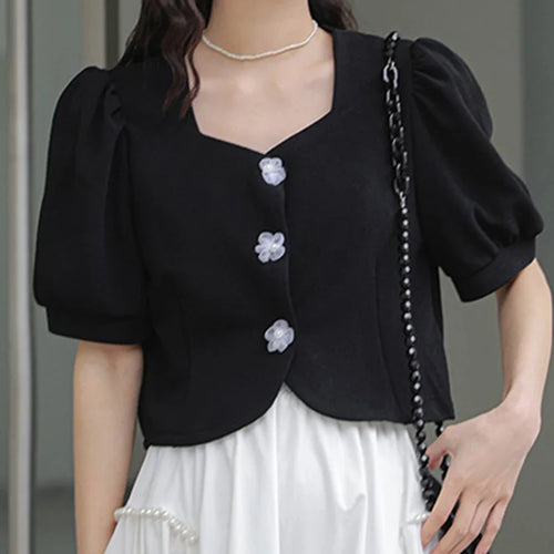 Load image into Gallery viewer, French Style Black Elegant Female Shirts New Summer Square Neck Puff Sleeve Pure Color Chic Buttons Casual Women Shirt
