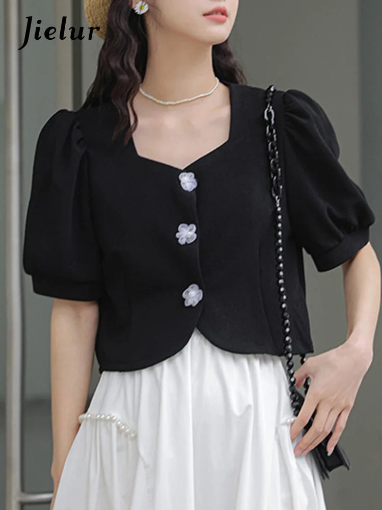 French Style Black Elegant Female Shirts New Summer Square Neck Puff Sleeve Pure Color Chic Buttons Casual Women Shirt