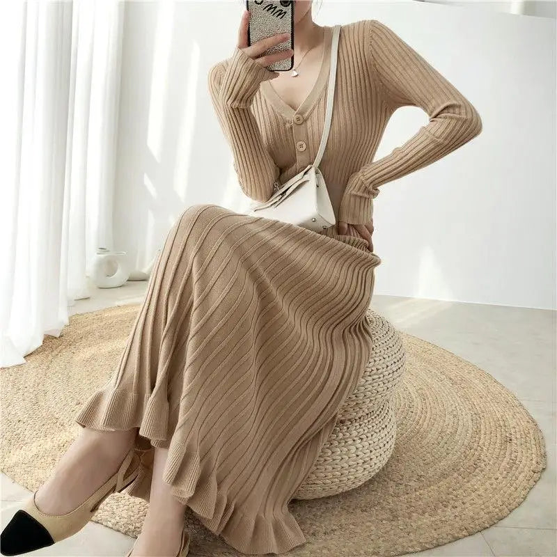 Elegant Knitted Long Dress Women Flare Sleelve V Neck Ruffles Single Breasted Bodycon Dresses Party Fashion Office Lady Vestidos