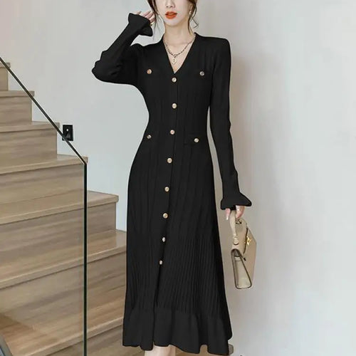 Load image into Gallery viewer, Autumn French Solid V-neck Elegant Ruffles Knit Dress Women Slim Long Sleeve Single Breast Fishtail Dress 2024 New Fashion Trend
