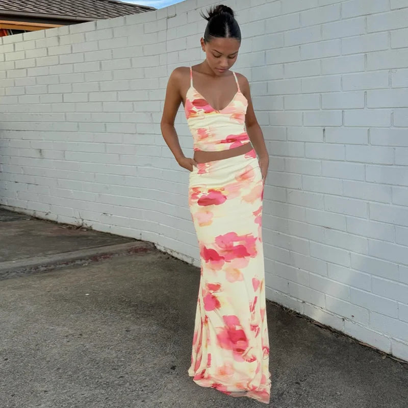 Print Sexy 2 Piece Sets Women Summer New V Neck Crop Tops And Maxi Skirt Female Elegant Club Party Slim Skirt Set