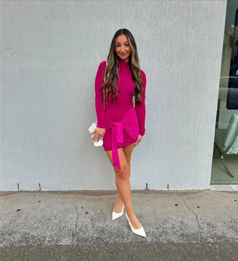 Turtleneck Long Sleeve Sexy Mini Dress For Women Autumn Fashion Ruched Draped Slim Fit Dress Ladies Elegant Dress
