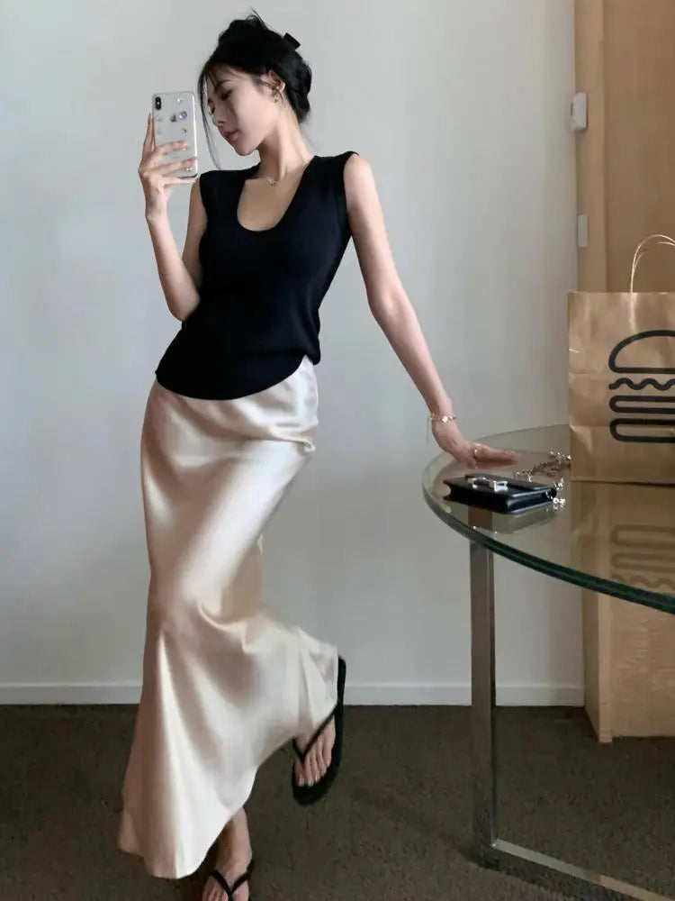 Spring Summer Women Black Beige Elegant Long Skirt Korean Version Pink High Waist Temperament Vacation Half Skirt Versatile Chic