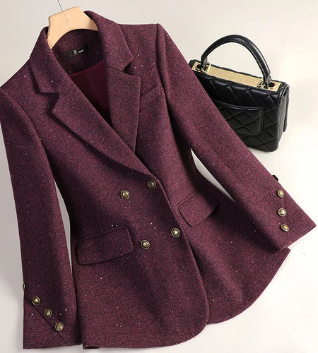 French Fashion Women Solid Long Sleeve Woolen Blazer Coat 2024 New Autumn Winter Ladies Elegant Double Breasted Jacket Versatile