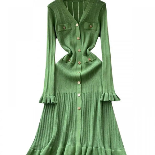 Load image into Gallery viewer, Autumn 2024 New Women Black White Single Breasted Slim Knitted Dress French Green Elegant V Neck Ruffles Long Sleeve Dress Trend
