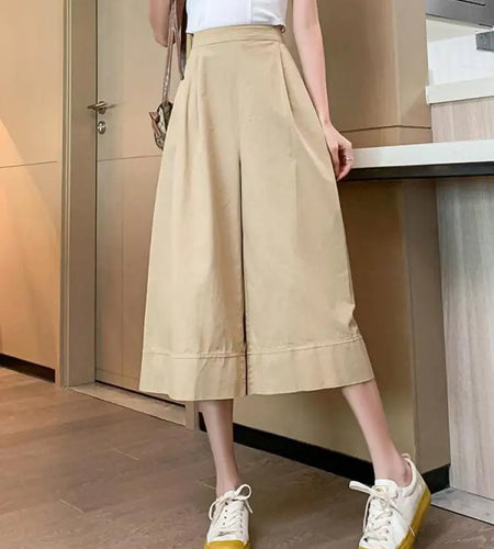 Korean Version Spring Summer Women Baggy High Waist Pleated Wide Leg Seven Point Pants Streetwear Casual Popular Ladies Holiday