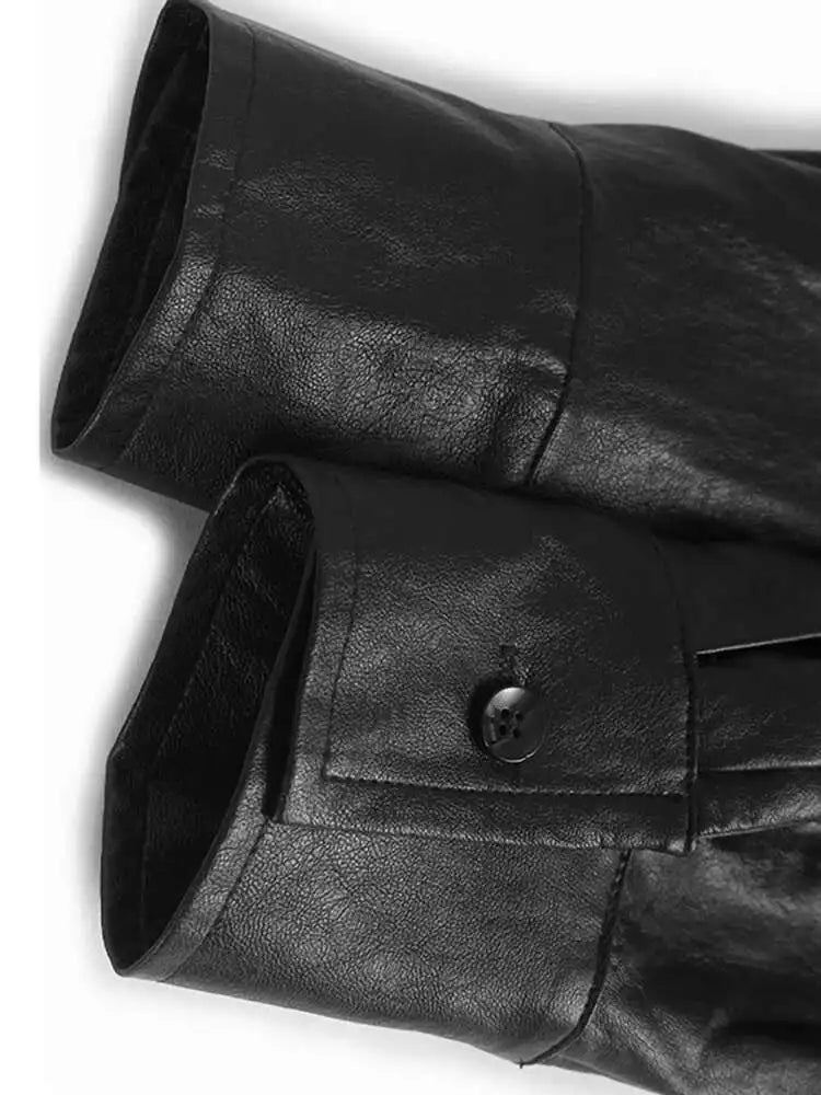 Women Black Pu Leather Pleated Big Size Mini Shirt Dress New Lapel Long Sleeve Fashion Tide Spring Autumn 2025 1DH7337