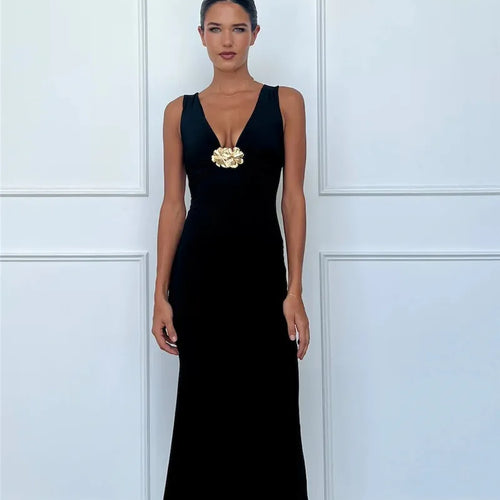 Load image into Gallery viewer, Elegant Deep V Neck Front Gold Clasp Sexy Maxi Dress For Women Black Gown Sleeveless Slim Fit Long Tank Dress Elegant
