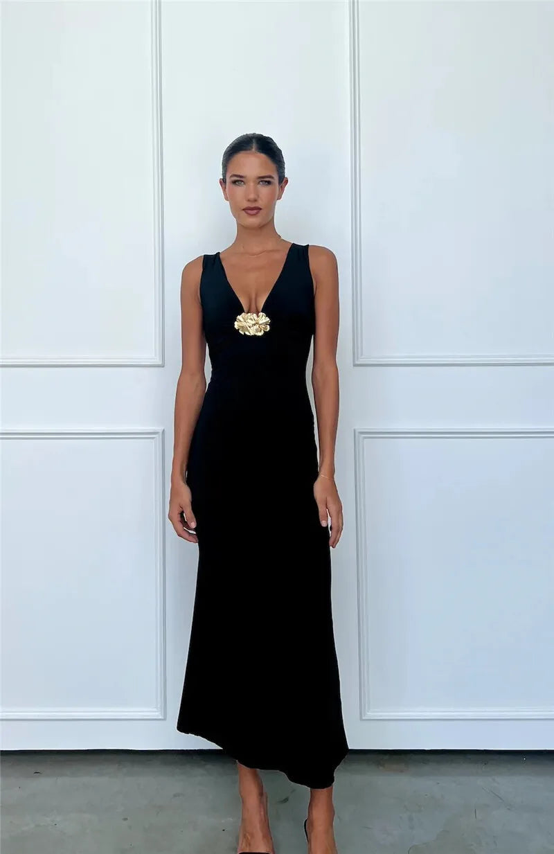 Elegant Deep V Neck Front Gold Clasp Sexy Maxi Dress For Women Black Gown Sleeveless Slim Fit Long Tank Dress Elegant