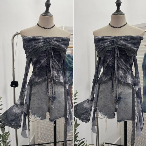 Load image into Gallery viewer, Slash Neck Tie-dye Harajuku T-shirts Streetwear Lace Patchwork Slim Fit Grunge Tops Women Y2k Aesthetic Vintage Drawstring Tees
