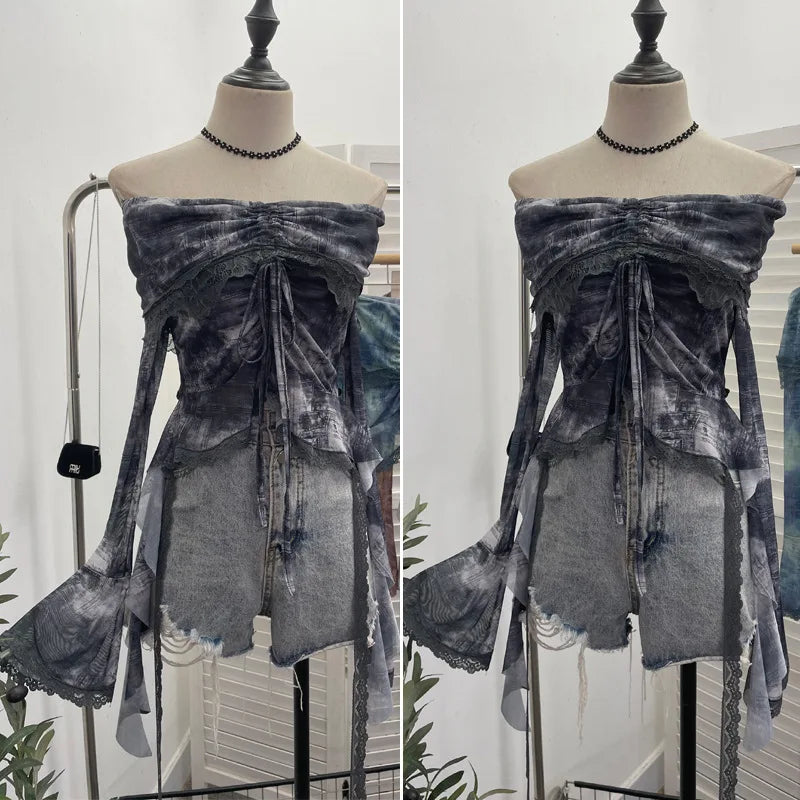 Slash Neck Tie-dye Harajuku T-shirts Streetwear Lace Patchwork Slim Fit Grunge Tops Women Y2k Aesthetic Vintage Drawstring Tees