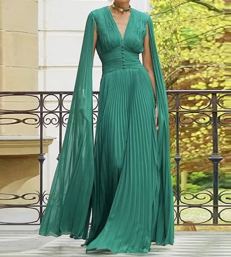 Women Evening Prom Pleated Maxi Dress Summer Elegant V-neck Batwing Sleeves  Banquet Party Long Dresses for Woman