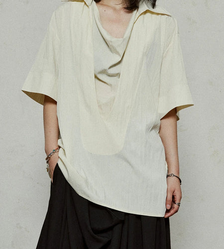 Women Beige Brief Pleated Elegant Big Size Blouse New Pile Collar Short Sleeve Shirt Fashion Spring Summer 2025 1DJ1182