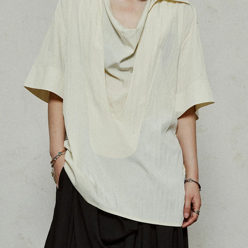 Load image into Gallery viewer, Women Beige Brief Pleated Elegant Big Size Blouse New Pile Collar Short Sleeve Shirt Fashion Spring Summer 2025 1DJ1182
