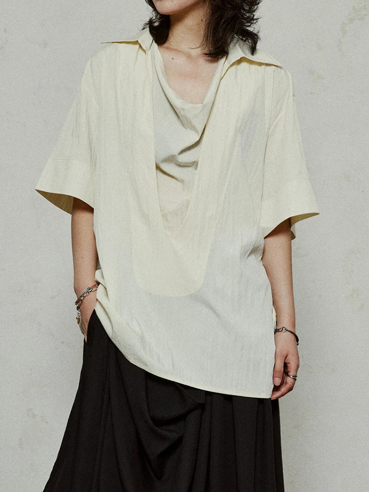 Women Beige Brief Pleated Elegant Big Size Blouse New Pile Collar Short Sleeve Shirt Fashion Spring Summer 2025 1DJ1182