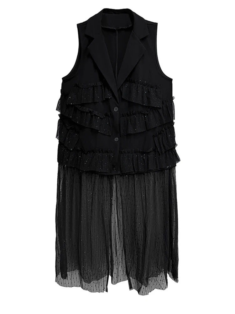 Women Black Singles Breasted Mesh Big Size Midi Vest Dress New Lapel Sleeveless Fashion Tide Spring Autumn 2025 1DJ1041