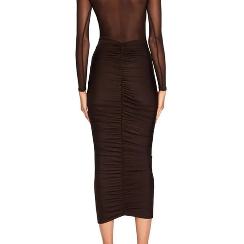 Load image into Gallery viewer, Sheer Long Sleeve Ruched Sexy Maxi Dress Women Fashion Half High Collar See Through Backless Bodycon Sexy Long Dress
