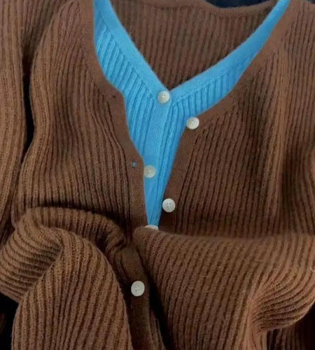 New 2024 Autumn Winter Women's Brown Blue Patchwork V Neck Cardigan Sweater Single Breasted Long Sleeve Fashion Versatile Tops