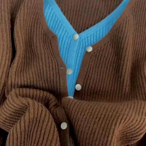 Load image into Gallery viewer, New 2024 Autumn Winter Women's Brown Blue Patchwork V Neck Cardigan Sweater Single Breasted Long Sleeve Fashion Versatile Tops

