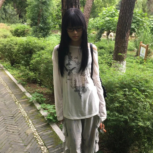 Load image into Gallery viewer, Harajuku Skew Collar Loose T-shirts 2025 Streetwear Letter Print Grunge Tops Women Casual Y2k Aesthetic Summer Sunscreen Tees
