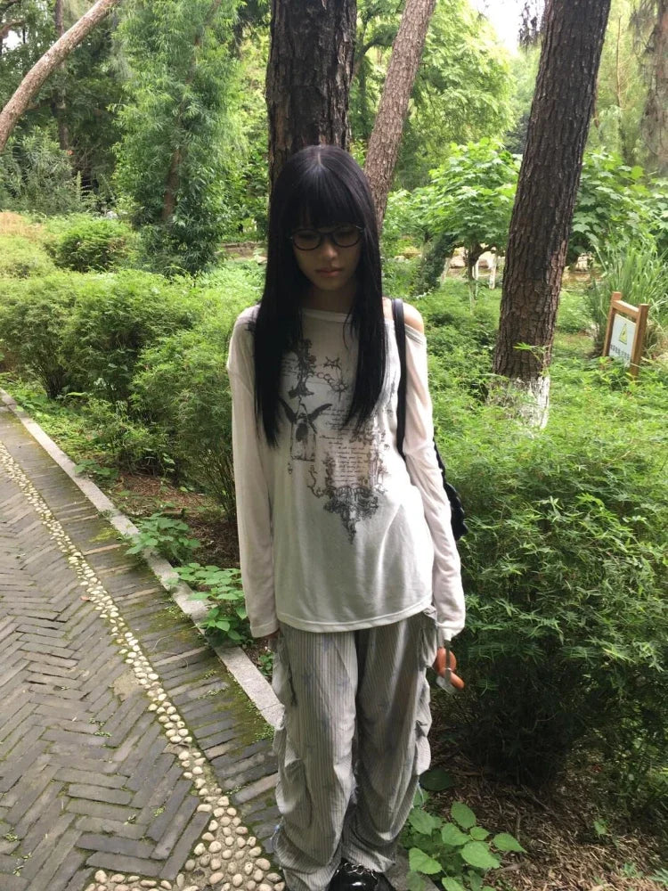 Harajuku Skew Collar Loose T-shirts 2025 Streetwear Letter Print Grunge Tops Women Casual Y2k Aesthetic Summer Sunscreen Tees