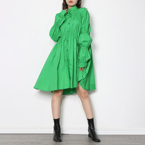 Load image into Gallery viewer, Puff Sleeve Shirt Dress Women Ruched Oversized Casual Dress Female Casual Fashion Clothing Big Size Spring
