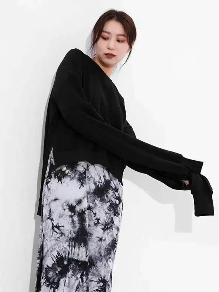 Loose Fit Black Backless Bandage Sweatshirt New Round Neck Long Sleeve Women Big Size Fashion Spring Autumn 2025 JO28401