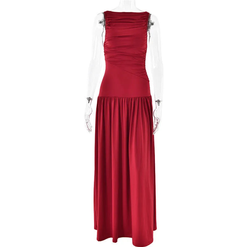 Elegant Sleeveless Maxi Dress For Women Fashion Solid Boat Neck Tank Dresses Ladies Sexy Ruched Long Dress New Gown