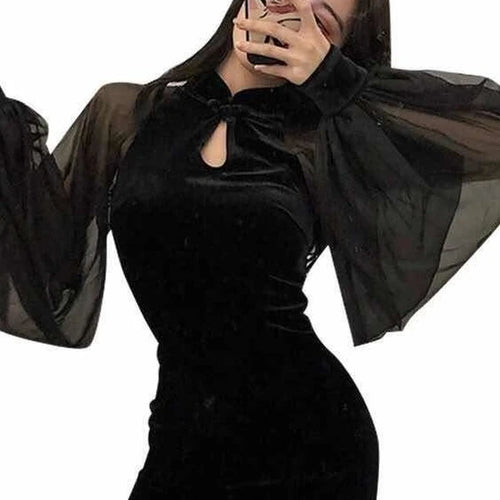 Load image into Gallery viewer, Cheongsam Dress Bodycon Velvet Women Vintage Chinese Style Black Flare Long Sleeve Dress Wrap Sexy Mini Lace Dresses
